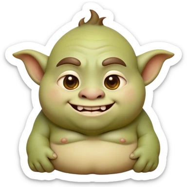 Cinematic Cute Ogre Portrait Emoji, with a surprisingly endearing, plump and huggable figure in soft earthy greens and browns, featuring big, kind eyes and a bashful smile, simplified yet irresistibly adorable, highly detailed with a soft glowing outline that captures the charm of a friendly giant who seems ready for a warm hug! sticker