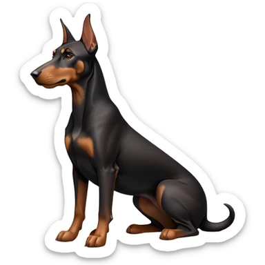 cinematic-[doberman]-realistic-full-body-sitting-emoji,-tail-resting-loosely-beside-its-paws,-head-tilted-dramatically, dooped ears -sleek-[black and tan]-fur,-simplified-yet-realistic-focused-features,-highly-detailed,-glowing-with-an-almost-sarcastic-glow sticker