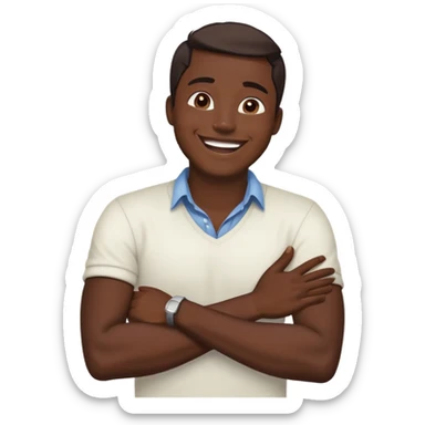 Guy crossing arms hands on neck laughing sticker