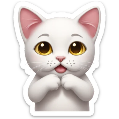 teary eye cat, pink bow, pleading hands together sticker
