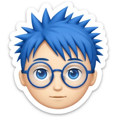 emoji style illustration of a chibi head inspired by
1,
big blue eyes, round glasses,
spiky dark blue hair,
cute flat emoji style,
simple clean lines,
white background,
high quality,
only head, no body sticker