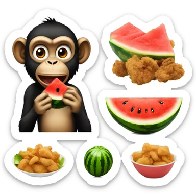 Monkey eating watermelon and a bowl of fried chicken sticker