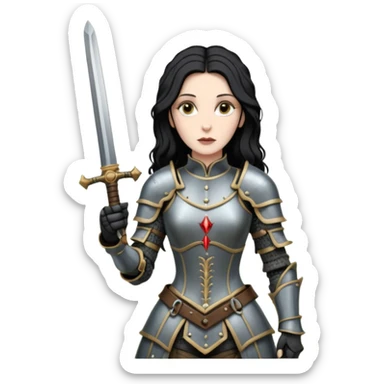 realistic cinematic actress Cher in Victorian styling like Joan of Arc dirty damaged armor in a forest sticker