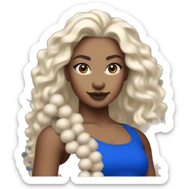 Dancer with white skin and blue eyes wearing royal Blue miniskirt and royal blue long tank top with blond wavy long hair. Holding silver pom poms.  sticker