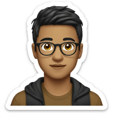 a boy age 19 years old who wears gold glasses. He has brown skin, black hairs, asian  sticker