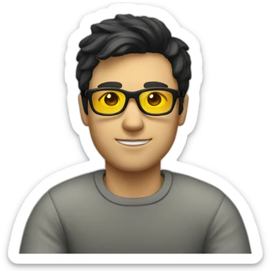 White man with yellow tinted glasses and black hair in a jumper sitting on a chair sticker