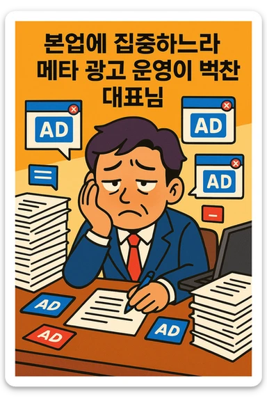 A cartoon of a Korean CEO at a desk, buried in paperwork and digital ad notifications, looking tired, in a vibrant toon style, Korean text: '본업에 집중하느라 메타 광고 운영이 벅찬 대표님', simple background sticker