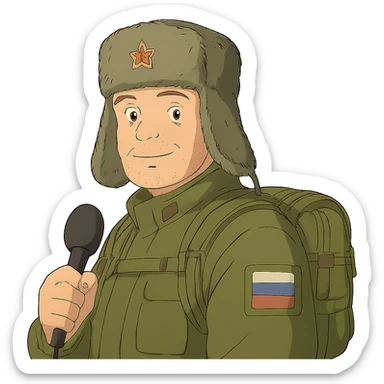 ghibli style Russian army military blogger wearing an ushanka hat sticker