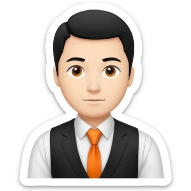 groom in white vest, orange tie, black hair sticker