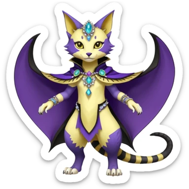 Kawaii cute Violet Yellow Black beautiful pretty elegant divine edgy feline-vernid-sergal-Fakémon-Pokémon-Digimon-fursona-animal-creature, full body, with intricate detailed markings, Embroidered capelet, Gem-studded horn ring sticker