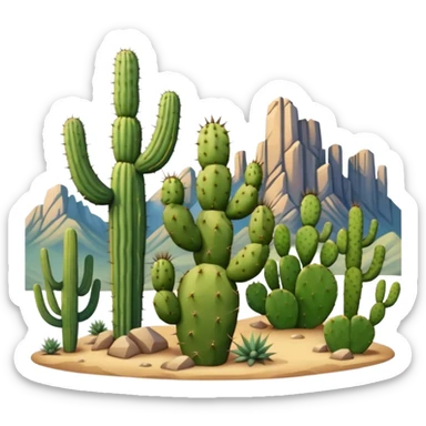 prickly pear cactus and saguaro cactus with mountains in background sticker