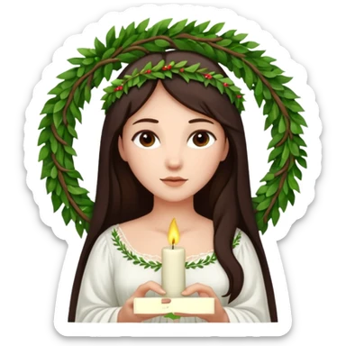  saint lucia with dark brown hair with a white gown and a wreath made from greenery and candles on top of it sticker