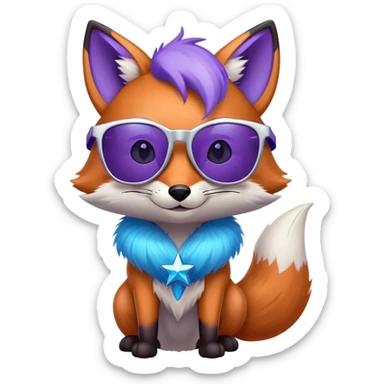 A cool fox with purple-blue fur, a glowing tail, a silver star on its forehead, and round glasses replaced by stylish sunglasses, looking confident. 🦊😎 sticker