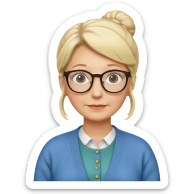 older teacher with blonde bun and glasses sticker