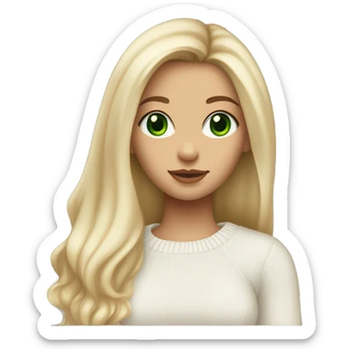 light medium skin, high cheekbone, solo blonde girl with green eyes, medium bust, white sweater, long blow out hair, baddie, middle part, cute,  sticker