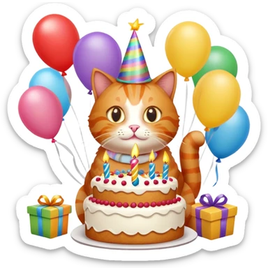 Ginger cat celebrates birthday, birthday hat, birthday cake, balloons, happy, gifts sticker