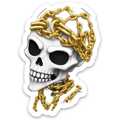 White skeleton zombie person covered in golden chains and black graffiti scribbles and red and silver doodles snowing snowflakes sticker