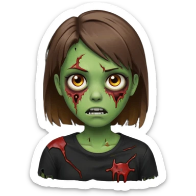 Zombie girl emoji verde com cabelo curto liso castanho no ombro com uma blusa preta sticker