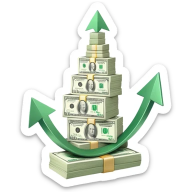 upward trending arrow beside three stacks of bundled dollar bills in ascending height sticker