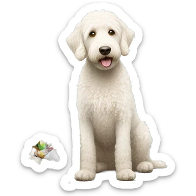 White labradoodle digging in garbage  can sticker