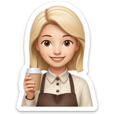 female barista portrait, head and shoulders only, wearing coffee shop apron collar, holding a takeaway cup near face, warm friendly smile, cozy cafe vibe, 3D cartoon, mobile game icon style, clean background, no text, no watermark
 sticker