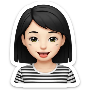 Black-haired girl, short to the neck, wearing white shirt with black stripes, With his head sideways, winking one eye, and sticking out his tongue  sticker