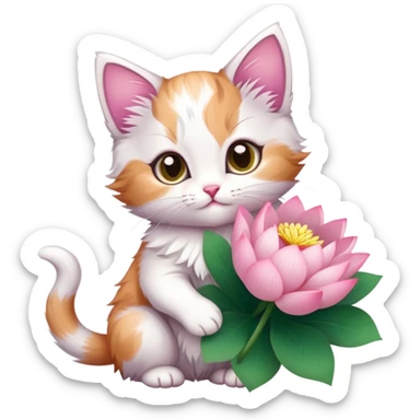 Kitten holding a bouquet of lotus flowers sticker