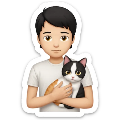 generate a pretty bratz emoji of a boy with black hair wearing a white tshirt and holding a cat  sticker