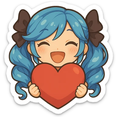 Make the heart much bigger and have Gwen's chibi hands holding the heart, keep happy expression, only head and hands visible. Variation 2. The style should be consistent with the original image. sticker