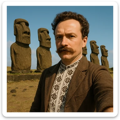 taks a selfie in front of statues on Easter Island sticker