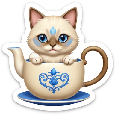 Happy siamese cat enjoying a fancy cup of tea in its front two paws sticker