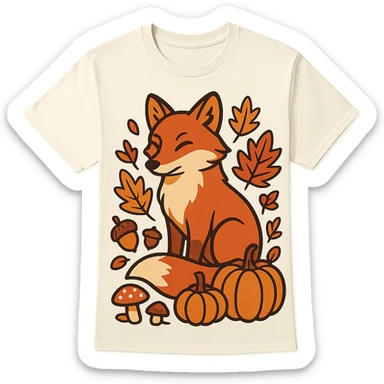t-shirt design, vector illustration of a fox surrounded by autumn elements (fallen leaves, acorns, mushrooms, pumpkins), warm autumn color palette (orange, red, yellow, brown), clean bold lines, detailed but stylized, centered composition, no background, isolated graphic, modern flat style sticker