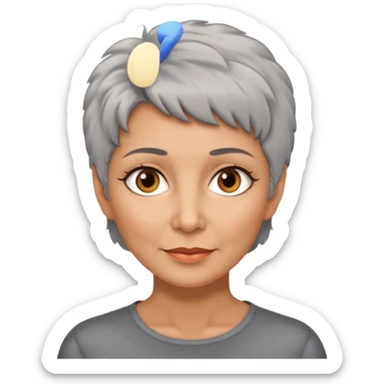 woman 50 years old, short grey fluffy hair, tannes skin and brown eyes sticker