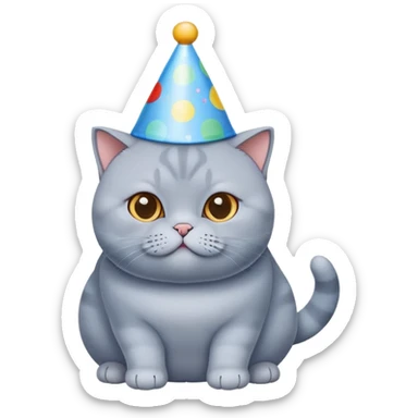 British shorthair blue cat with round face and chubby cheeks wearing a colorful birthday hat sticker
