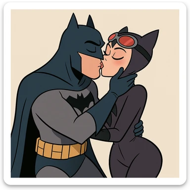 Batman and Catwoman kissing, cartoon style, bright colors, dynamic pose, neutral background sticker