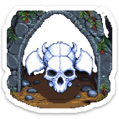 a dragon skull in a cave, pixel art style sticker