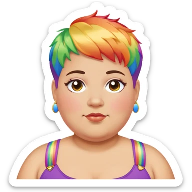 Overweight nonbinary person with rainbow pixie cut wearing pride pins sticker