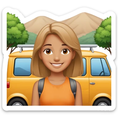 smiling girl outdoors by vehicle sticker