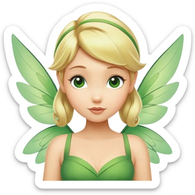 Tinkerbell fairy from hips up, green dress, blonde hair, wings, minimal style, larger size sticker