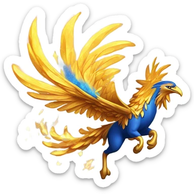 “A molten gold phoenix with electric-blue wings, mid-flight, leaving a trail of fiery stardust and sparks.” sticker
