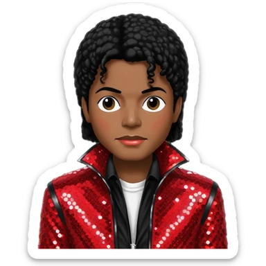 Michael Jackson with black hair, red sequin jacket, black shirt sticker