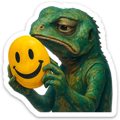 a sad lizard removing a smiling yellow emoji mask, expressive, focus on emotion, vivid colors, detailed face sticker