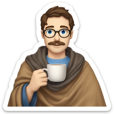 brown hair blue eyes moustache and Soul patch pale guy with round glasses drinking tea with blanket on sticker