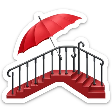 Red umbrella on stair railing, Lost Umbrella. sticker