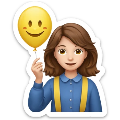 Teen girl wavy brown hair, with smiley-face balloon sticker