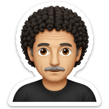 60 year old Greek man with short black curly frizzy think hair that sticks up and has a black shirt sticker