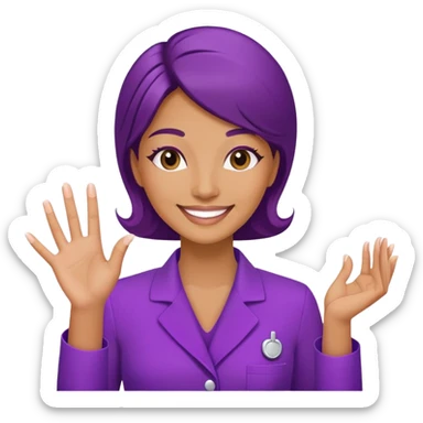 Woman cosmetologist in purple salon uniform with hand raised, smiling sticker