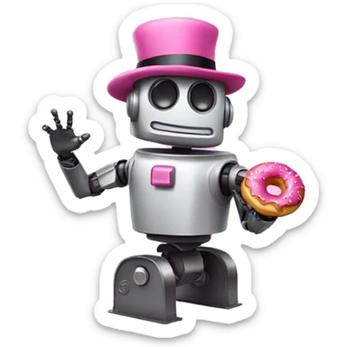 Robot wearing a pink bowler hat and riding a donut sticker