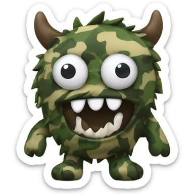 Camouflage monster stuffed animal with teeth sticking out and eyepatch cute small sticker