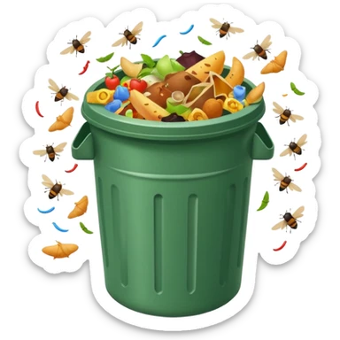emoji-style icon of a trash can overflowing with food scraps, flies buzzing around, dirty and unsanitary look, clear at small size, no text sticker